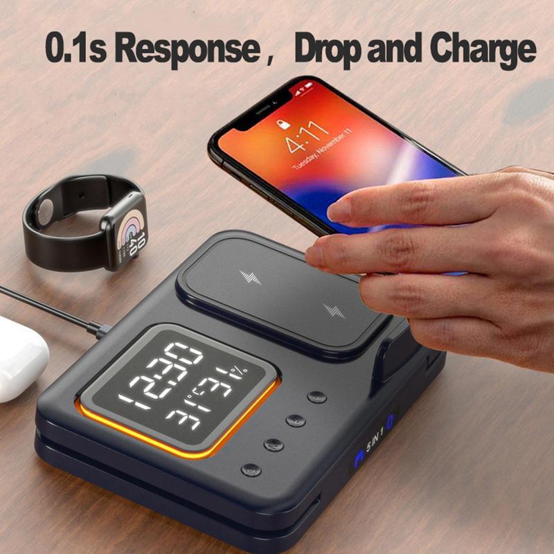 5-in-1 15W Wireless Charging Stand with LED Alarm Clock and Fast Charging Dock