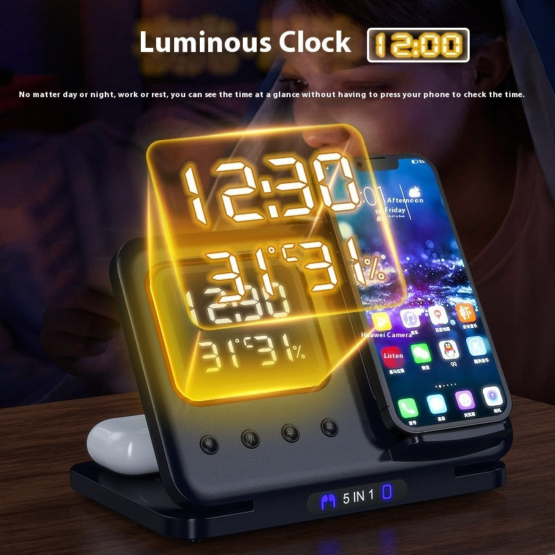 5-in-1 15W Wireless Charging Stand with LED Alarm Clock and Fast Charging Dock