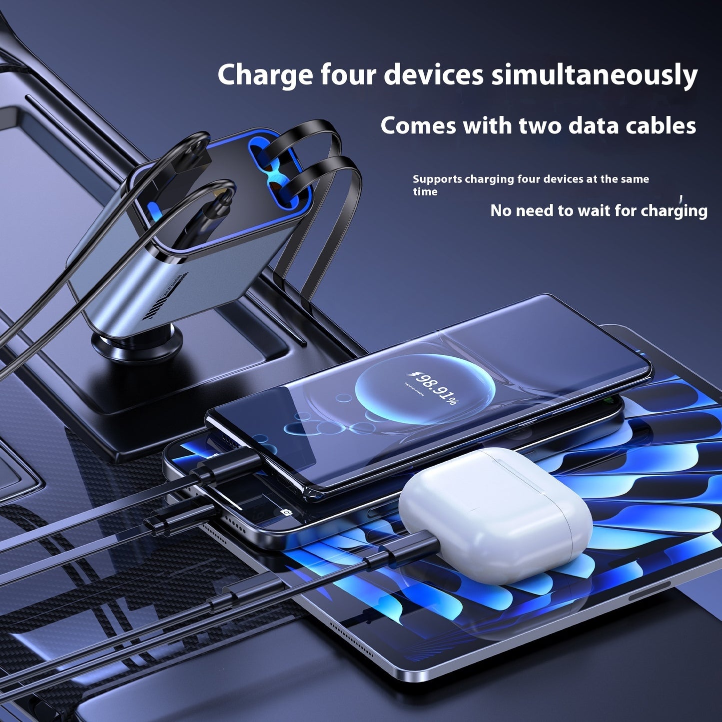 Super Fast Charging Car Charger with Retractable USB-C and Lightning Cables