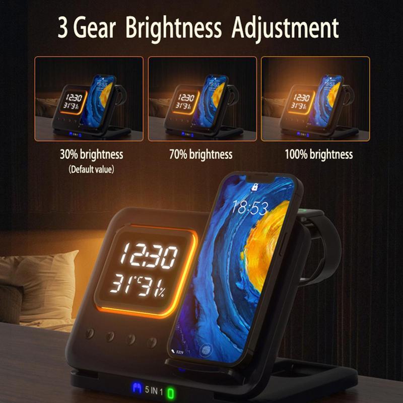 5 - in - 1 15W Wireless Charging Stand with LED Alarm Clock and Fast Charging Dock - Edge Tech Life