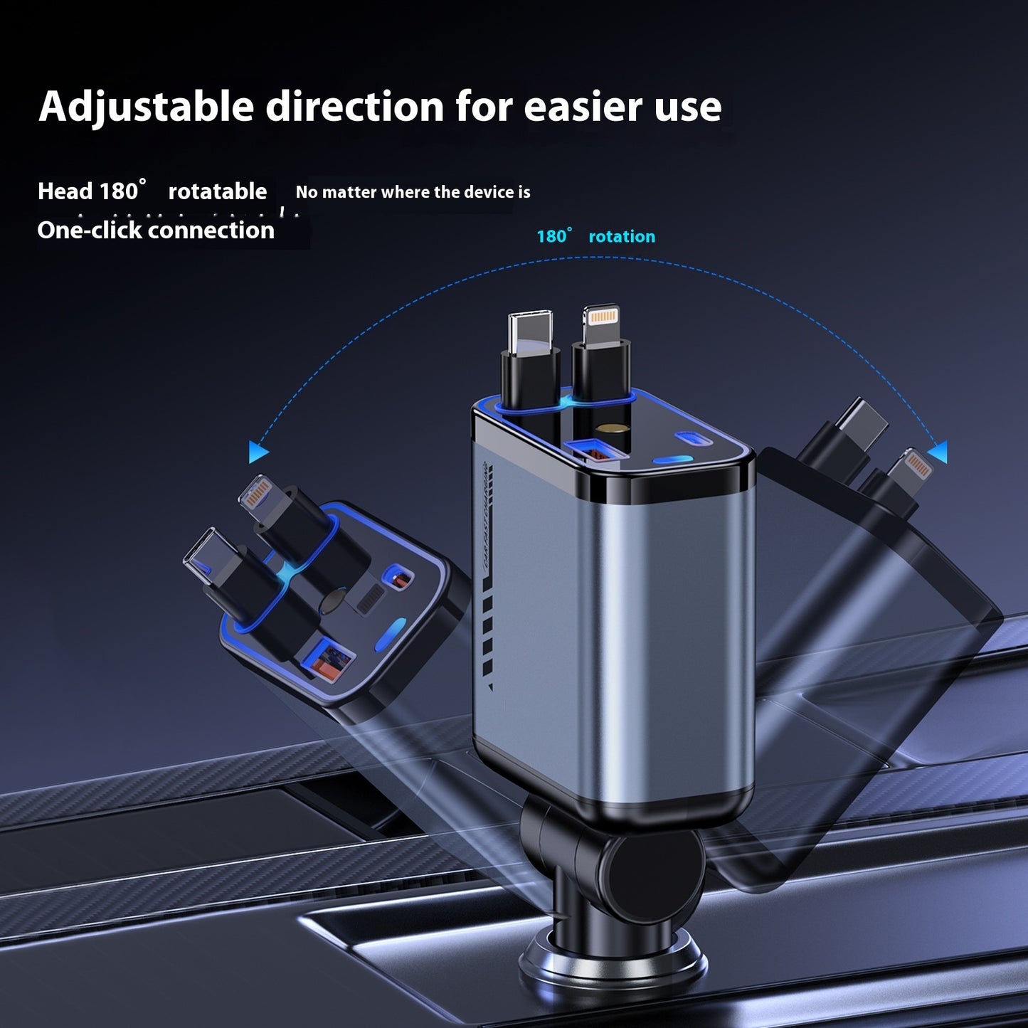 Super Fast Charging Car Charger with Retractable USB-C and Lightning Cables