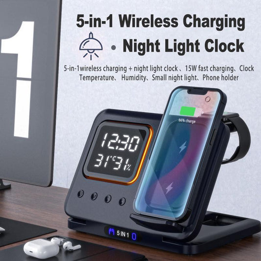 5-in-1 15W Wireless Charging Stand with LED Alarm Clock and Fast Charging Dock