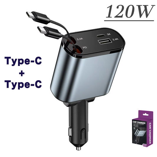 120/66W 4 in 1 Retractable Car Charger Mobile Phone USB PD Type C Cable for Iphone Fast Charge Cord Cigarette Lighter QC Adapter